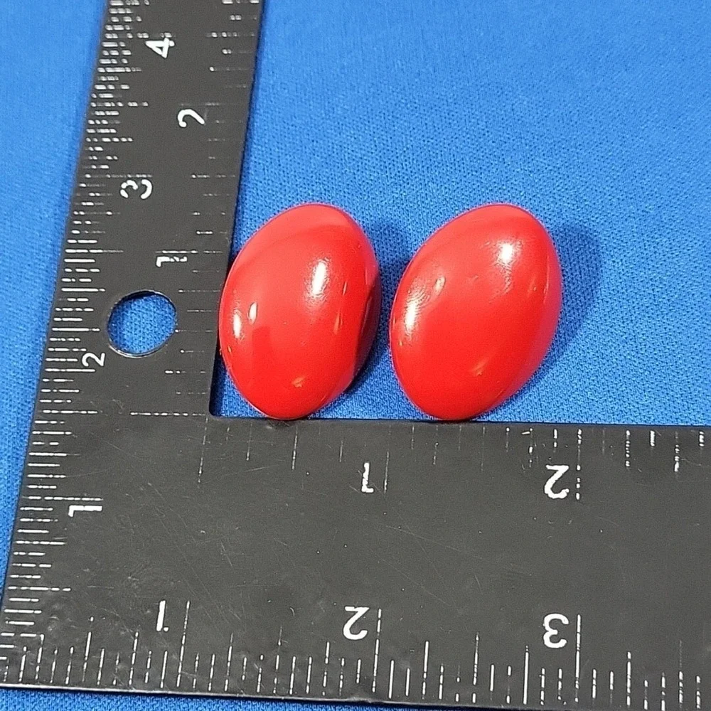 Vintage 80s Earrings Red Enamel Oval Dot Oversized‎ Statement Pierced Posts